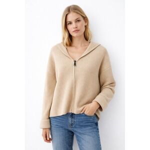 Zara Ecru Rib Knit Zip Cardigan Sweater Women's Small Ivory Zip-Up